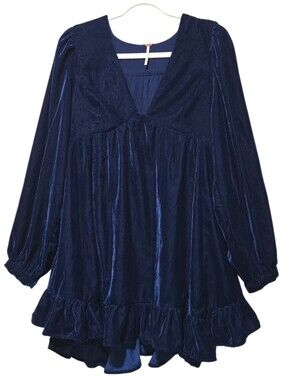 Free People Women's Estella Velvet Babydoll Mini Dress "Oceana" Blue Small
